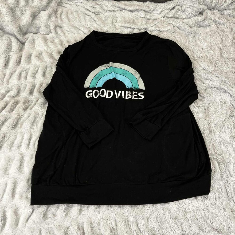 Tunic Top Womens 24W Plus Black Long Sleeve Graphic Good Vibes Rainbow Boho Chic